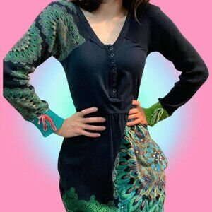 desigual long sleeve peacock pattern knitted henley knee length midi dress